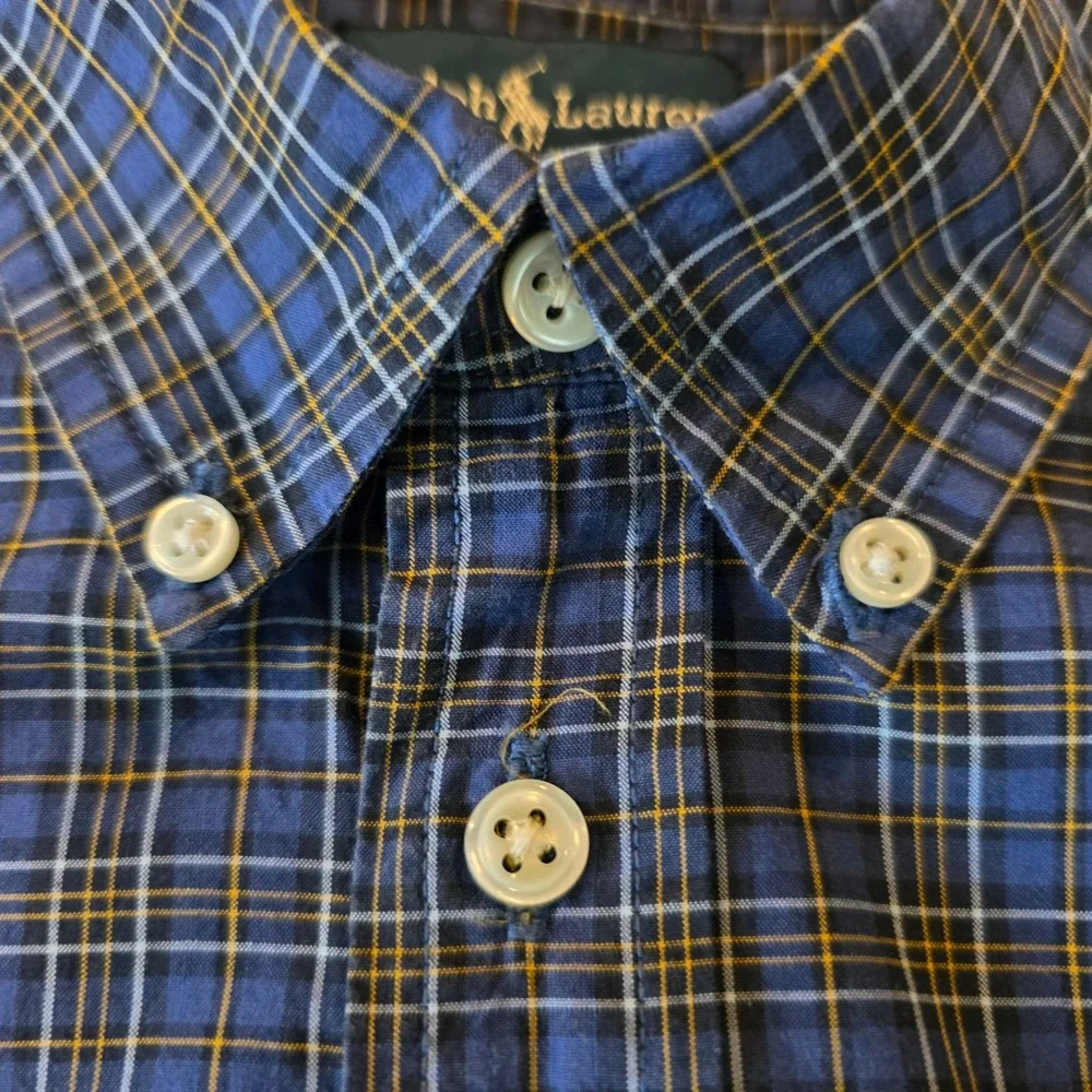 Ralph Lauren Boys Navy Blue Plaid Button-Down Shirt with Yellow Pony